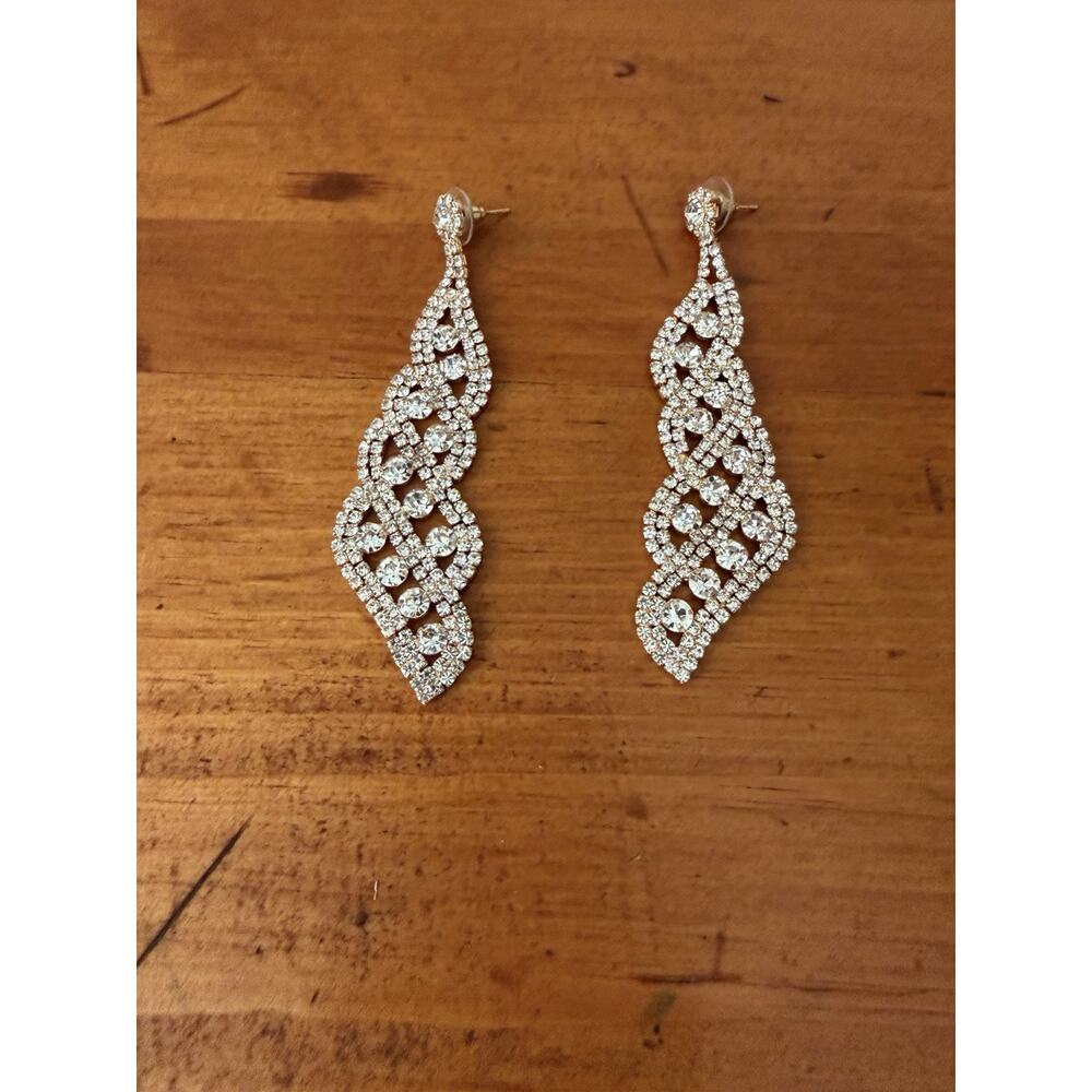 Twist Crystal Dangle Earrings Gold Tone Rhinestone Statement Special Occasion